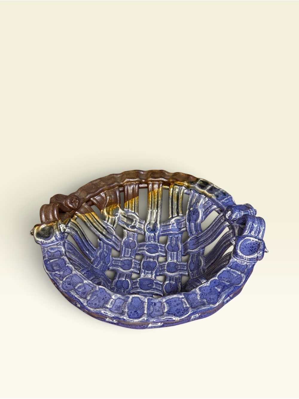 Woven Ceramic Basket Blue Glaze Clay Strap Pottery Open Lattice Bowl Signed (IS)